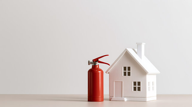 Minimalist Home Safety: Small White House Model with Red Fire Extinguisher, Illustrating Property Protection and Emergency Preparedness