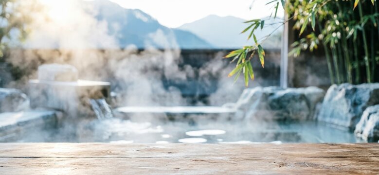 Steamy Outdoor Hot Spring with Bamboo and Wooden Foreground for Relaxation Concept