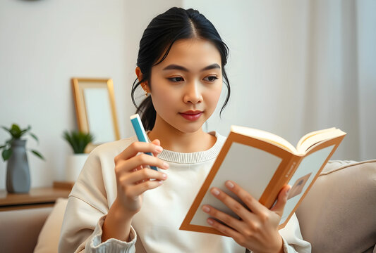 Young asian woman reading a book and holding a vape pen, leisure and relaxation at home, modern lifestyle