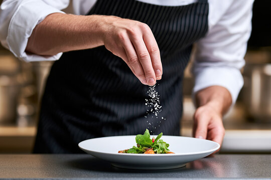Chef's hand seasoning a dish