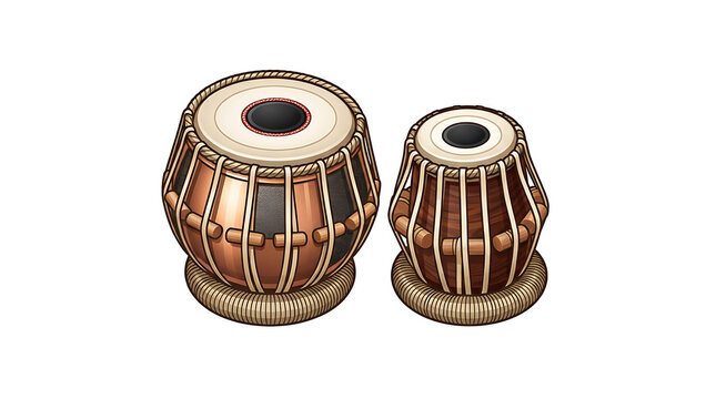 Pair of traditional hand drums with copper and wooden shells on white background isometric view