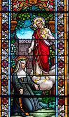 Stained glass (19th century) of Vision of Sacred Heart of Jesus Christ to Saint Margaret Mary Alacoque. © Joan
