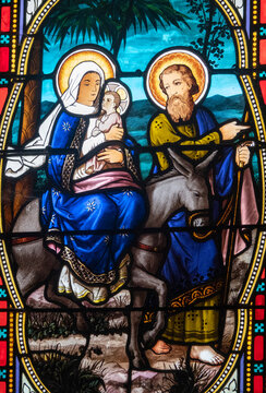 Stained glass (19th century) of Holy Family: The Escape to Egypt.
