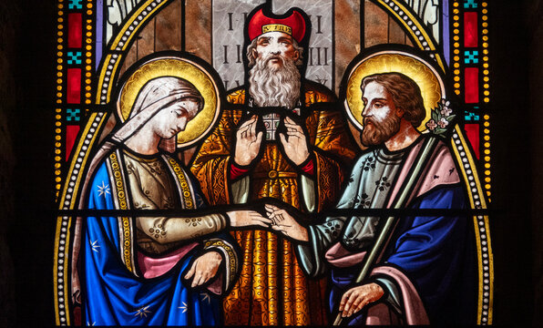 Stained glass (19th century) of Holy family: The wedding of Mary and Joseph.