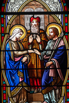 Stained glass (19th century) of Holy family: The wedding of Mary and Joseph.