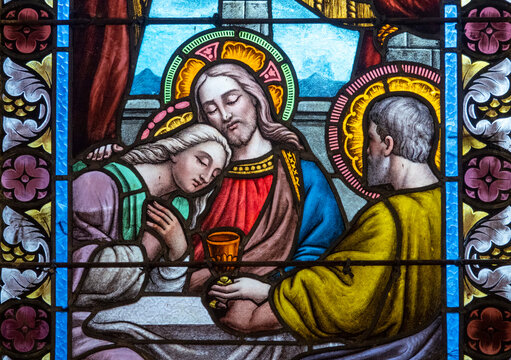 Stained glass showing Jesus with beloved disciple John.