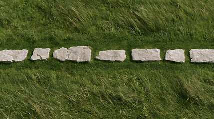 Fototapeta premium Stone path through lush green grass field, natural stepping stones, outdoor garden design, tranquil nature backdrop, overhead view, daylight, horizontal