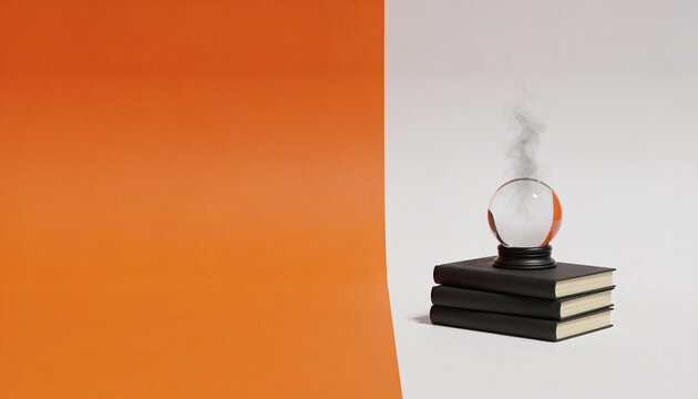 Crystal ball on black books, Smoky orb magical concept, Minimalist fortune teller sphere, Modern orange white background, Esoteric mystical photography, Future vision prediction concept background.
