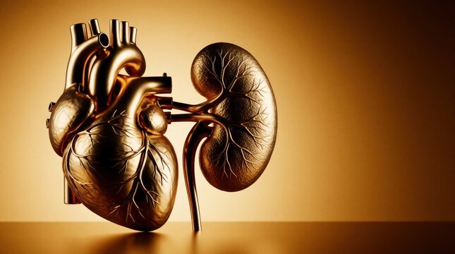 Golden 3D model of human heart, kidney organs. Anatomical representation of vital internal body systems. Medical illustration showing blood vessels, biological structure. Shiny metallic organs on