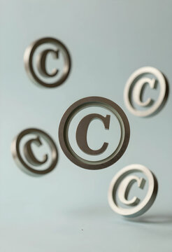 Multiple metallic copyright symbols floating and scattered on a light blue background, intellectual property and legal protection