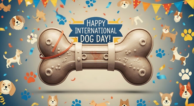 Happy international dog day celebration graphic with bone with large bone treat surrounded cartoon dogs confetti