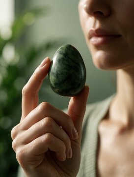 Young woman holds green jade yoni egg in hand. Close up shot of female person practicing pelvic floor exercise for wellness. Natural stone tool used for intimate health, feminine well being at home.