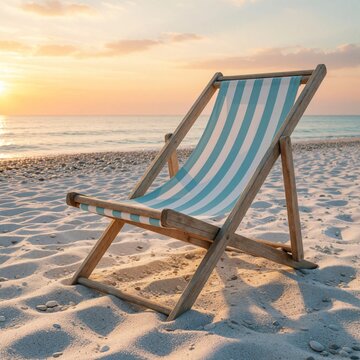 Striped deck chair sits on sandy beach. Ocean waves gently lap shore at sunset. Calm sea and sky create peaceful summer vacation scene. Empty seat awaits.