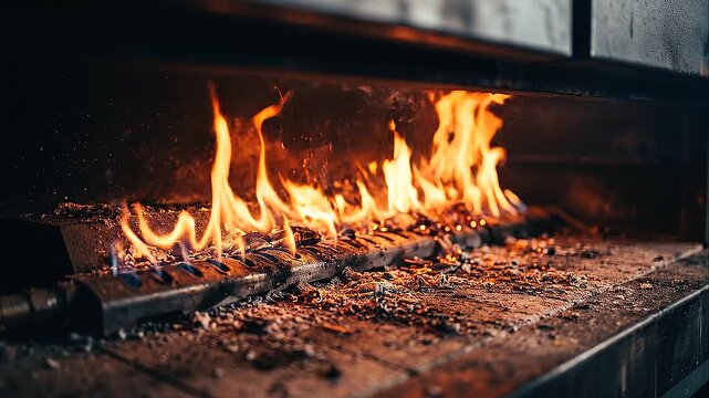 Close-up view of blazing fire inside a temple furnace burning joss paper during a traditional Chinese worship ritu