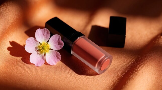 Small pink flower with yellow center lies next to open lip gloss tube. Pink cosmetic product with black cap rests on orange silk fabric. Minimalist beauty concept with soft floral elements, romantic