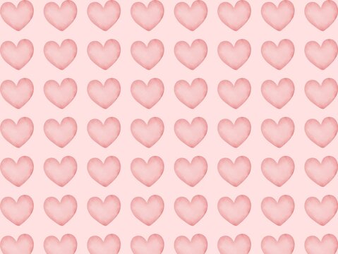 Pattern featuring rows of pink watercolor hearts on a light pink background. Each heart is evenly spaced, creating a uniform grid. The soft watercolor technique gives the hearts a gentle, blended appe