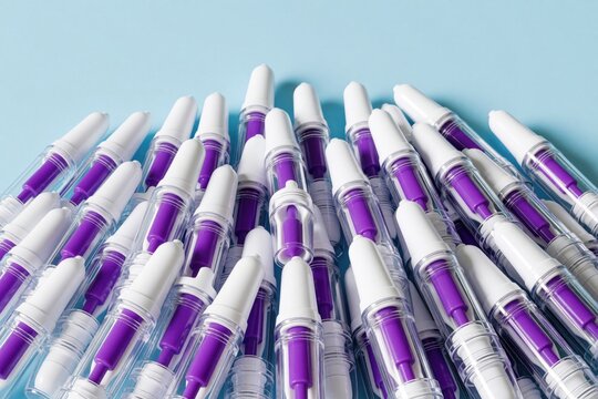 Pile of disposable lancets for painless blood sampling. Automatic scarifier devices ready for sterile blood test. Medical supplies for health checks.