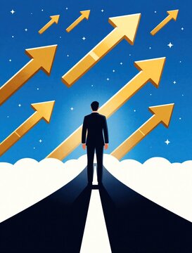 Businessman stands on road looking at large golden arrows pointing up toward stars. Man views growth direction, success path in night sky. Concept of career progress, goal achievement, ambition,