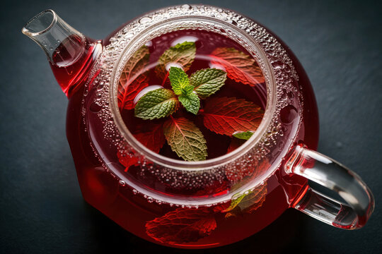 Red fruit tea brewed in transparent glass teapot. Fresh mint leaves float in hot berry infusion. Warm herbal drink with red liquid, bubbles on dark surface. Healthy organic beverage for breakfast