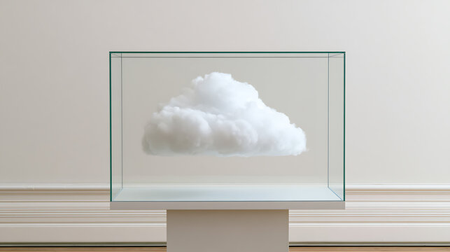 Abstract white cloud confined within a clear glass box on a minimalist pedestal, symbolizing containment, protection, and conceptual art