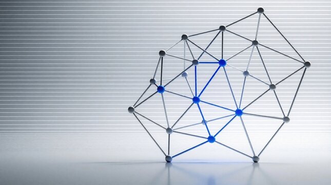 Abstract 3D geometric structure with blue, white nodes connected by lines. Modern digital network concept representing data processing, connectivity, tech innovation. Minimalist design shows complex