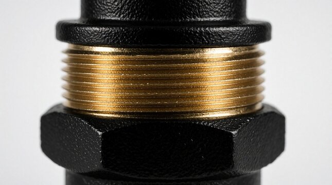 Close-up of black malleable iron pipe fitting with brass threads. Industrial plumbing component shows metal texture, screw connection. Macro view of hardware part for water gas system repair.