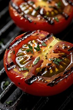 Ripe tomatoes halves grilled on barbecue. Juices collect with herbs and oil. Smoky charred vegetable offers rich taste for healthy summer meals and gourmet cooking.