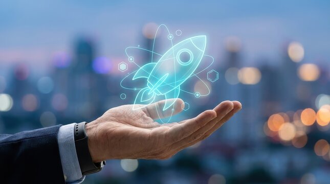 A business professional holds a glowing digital rocket ship hologram representing innovation, startup success, growth, and future technology in a city