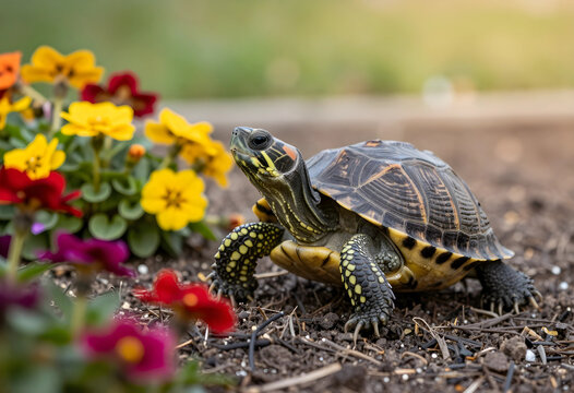 Small turtle walking on soil near colorful flowers in a garden, wildlife and nature conservation concept, the reptiles patterned shell and textured skin are visible as it moves slowly