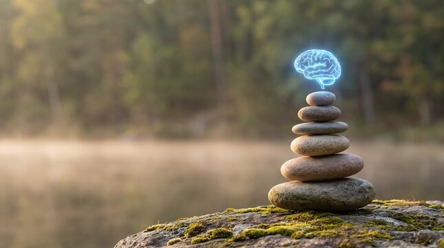 Balanced stone sculpture with a glowing brain symbol on top, emotional stability and mindfulness concept