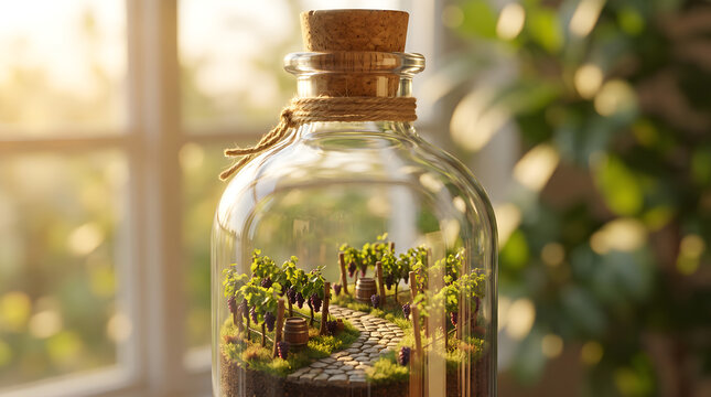 Miniature vineyard landscape inside a clear glass bottle featuring detailed grape vines and rustic wooden barrels crafted with artistic precision under warm soft natural lighting