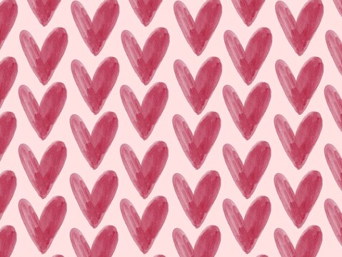 Pattern of hand-painted, red watercolor hearts arranged in diagonal rows on a light pink background. The hearts have a slightly varied texture, providing a handmade, artistic feel. The uniform size an