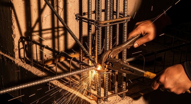 Construction Worker Bending Steel Rebar With Pliers Creating Building Structure