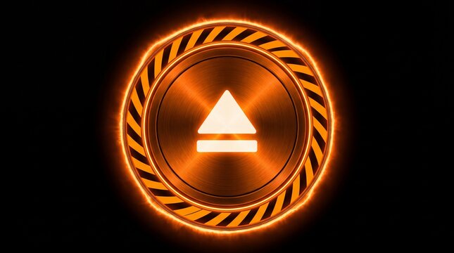 Glowing orange eject button with brushed metallic finish and hazard stripe ring