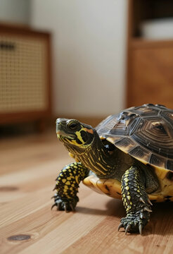 Pet turtle with a patterned shell and spotted legs walking on a wooden floor indoors, close up view