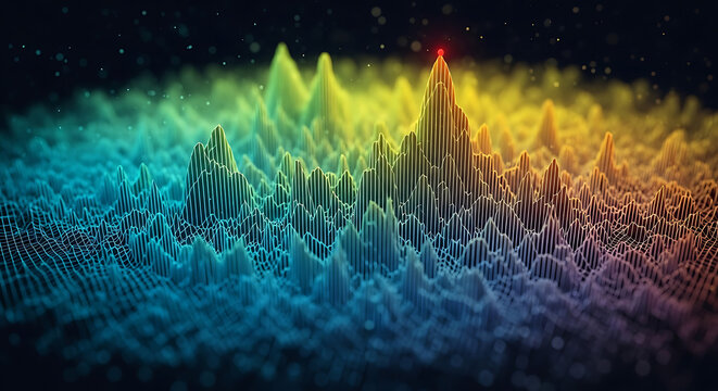 Abstract digital landscape representing data visualization with glowing peaks with featuring single illuminated red point highest summit