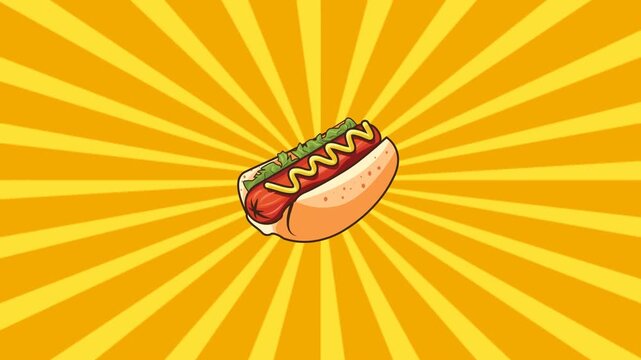 Digital animation Hotdog appearing on screen on Sunburst Background 