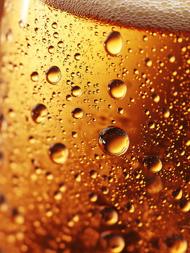 A photograph of beer bubbles rising in a clear glass filled with golden-amber lager.
