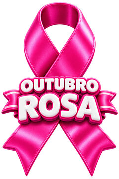 Pink ribbon with Outubro Rosa text for breast cancer awareness month PNG Isolated on transparent background