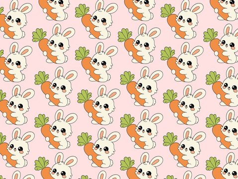 Cute cartoon rabbits holding large orange carrots form a seamless pattern on a light pink background. The rabbits are white with large black eyes and pink ears, giving them an adorable, playful appear
