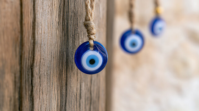 Blue and White Talisman Charm Hanging on Rustic Wood, Offering Protection and Good Fortune, Blurred Background