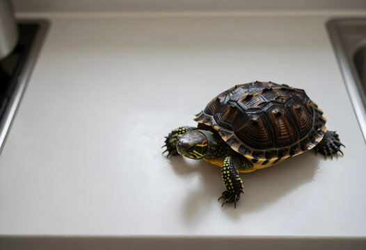 Small turtle with a patterned shell and spotted skin walking on a light gray surface indoors, the reptile moves slowly, its detailed scales and claws