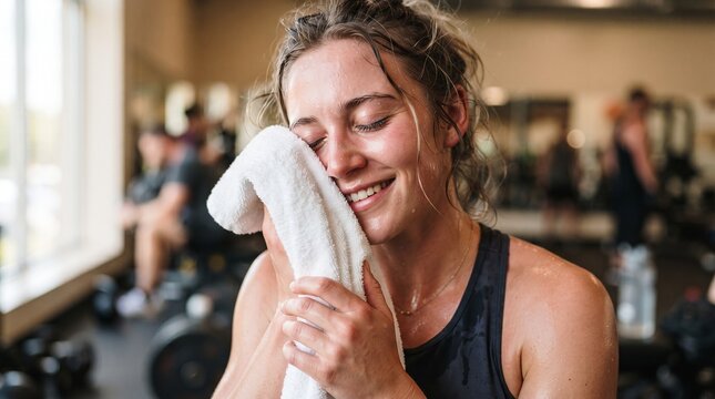 A woman wipes sweat from her face with a towel after a vigorous workout in a gym, her eyes closed in a moment of contented exhaustion.