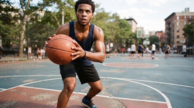 Young man playing basketball on outdoor court
