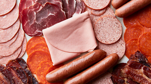 Abundant Variety of Sliced Deli Meats, Cured Sausages, and Assorted Cold Cuts Arranged for a Flavorful Charcuterie Board Presentation