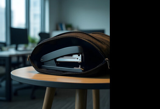 Black stapler inside an open zippered bag on a wooden table in a modern office setting, Set in a modern office environment with a blurred background, a professional workspace