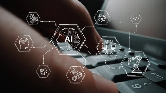 Hands Typing on Keyboard with Artificial Intelligence Icons and Technology Graphics Representing Advanced Automation and Digital Innovation Concepts. Entropy.