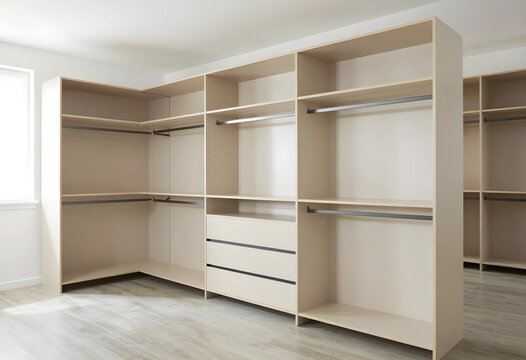 Empty walk in closet with light wood shelving, hanging rods, and drawers in a modern home interior