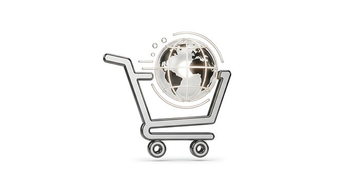 Metal shopping cart containing a globe symbolizing global e commerce with commerce international trade