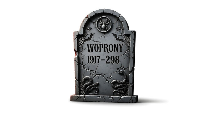 Weathered stone tombstone featuring carved spiders bats and snakes isolated against a plain white background
